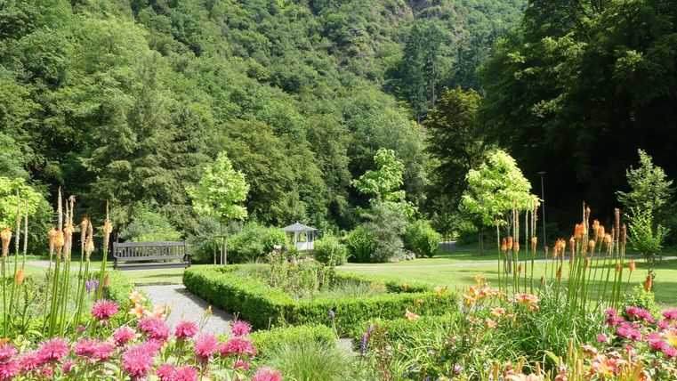 Ein schöner Garten mit bunten Blumen und grünen Bäumen. Im Hintergrund sind sanfte Hügel zu sehen.