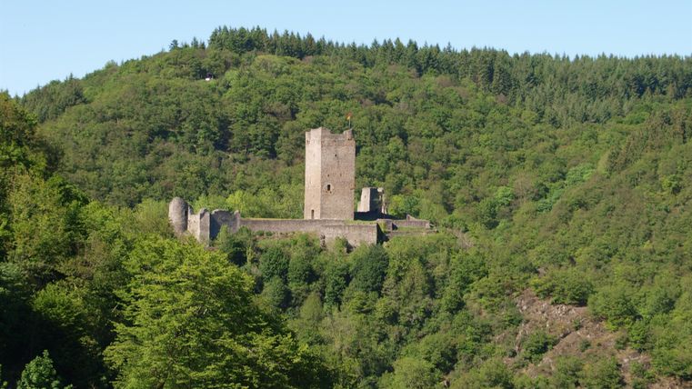 Eine alte Burg steht auf einem Hügel, umgeben von üppigem Grün. Der klare Himmel fügt eine ruhige Atmosphäre hinzu.