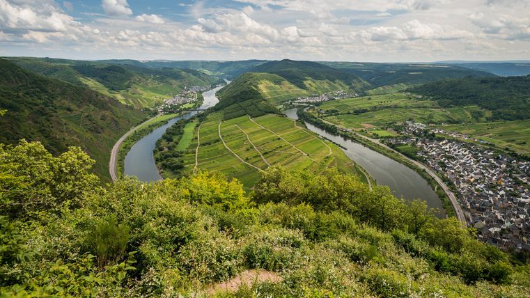 A picturesque river landscape with rolling hills and vineyards. The sky is blue with a few clouds.