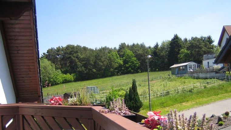 Eine ruhige Landschaft mit grünen Wiesen und Bäumen unter einem blauen Himmel. Im Vordergrund blühen bunte Blumen.
