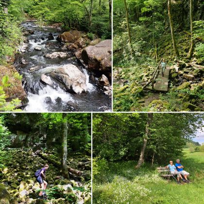 Eine schöne Naturlandschaft mit einem plätschernden Bach und üppigem Grün. Menschen genießen die Umgebung beim Wandern und Entspannen auf einer Bank.