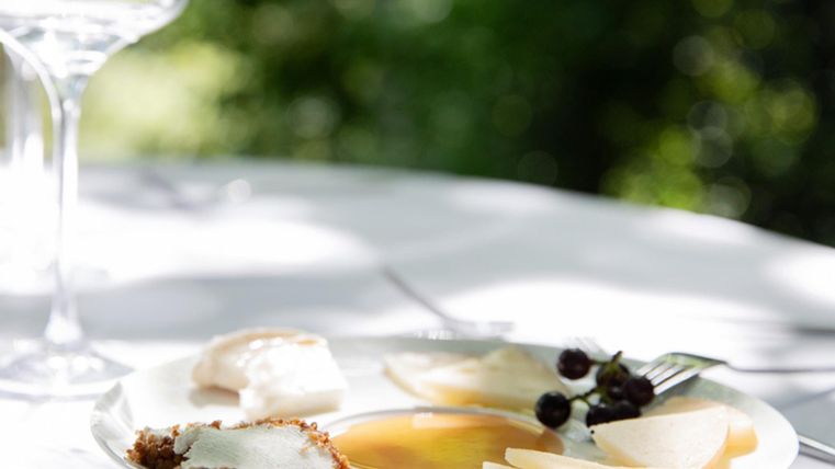Ein elegantes Gericht auf einem weißen Teller mit Käse, Frucht und einer süßen Soße. Im Hintergrund sind Weingläser und eine grüne Umgebung zu sehen.