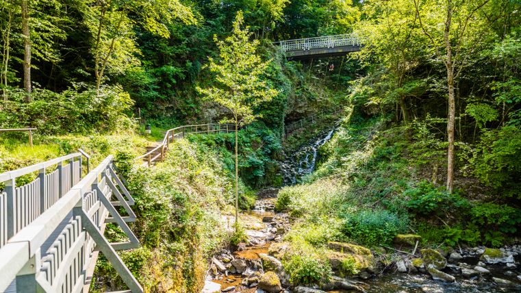 A narrow waterfall in a mossy, densely vegetated gorge through which a stream flows between the rocks. A wooden walkway with a white railing runs along the left side of the valley; above, a small bridge spans the green landscape.