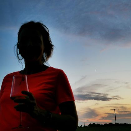 Eine Person hält ein Glas in der Hand, silhouettiert vor einem bunten Abendhimmel. Die Farben des Himmels reichen von Blau bis Orange.