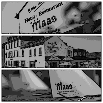 Ein Hotel und Restaurant mit dem Namen "Maas". Das Gebäude zeigt eine einladende Fassade und eine gemütliche Atmosphäre.