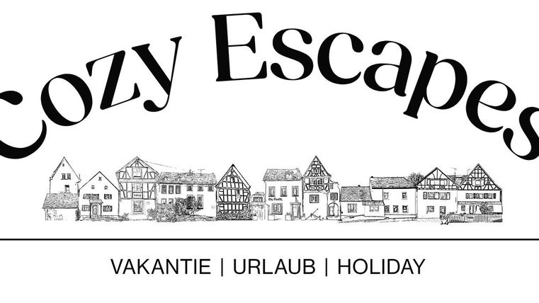 Eine stilisierte Darstellung von Häusern unter dem Schriftzug „Cozy Escapes“. Der Text betont Themen wie Urlaub und Erholung.