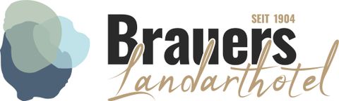 Das Bild zeigt das Logo des Brauers Landarthotels, das seit 1904 besteht. Es hat eine moderne Schriftart mit stilisierten grafischen Elementen in sanften Farben.