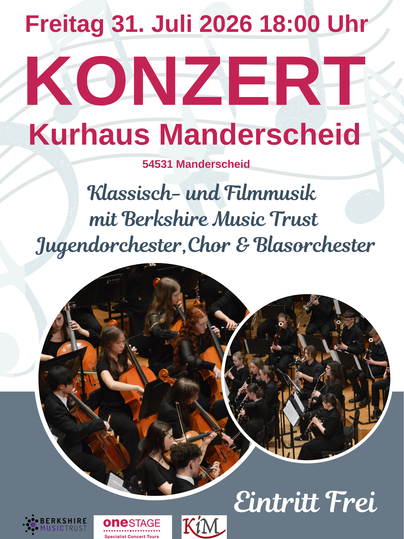 Ein Konzertplakat für ein Event im Kurhaus Manderscheid. Das Konzert findet am 31. Juli 2026 statt und beinhaltet klassische und Filmmusik mit dem Berkshire Music Trust.