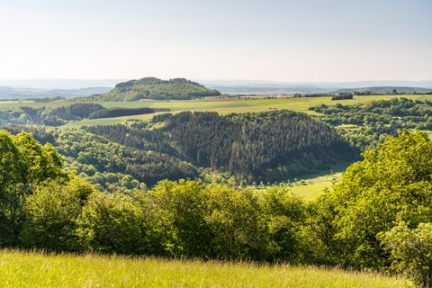 Weitblick auf eine grüne, hügelige Landschaft