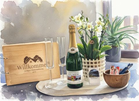 Eine Willkommensdekoration mit einer Flasche Sekt, zwei Gläsern und einer schönen Orchidee. Dazu gibt es eine Holztafel mit der Aufschrift "Willkommen" und einige kleine Utensilien.