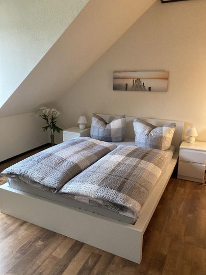 Ein gemütliches Schlafzimmer mit einem großen Bett und gestreiften Bettdecken. Neben dem Bett stehen Nachttische und eine Pflanze.