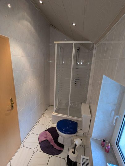 Ein modernes Badezimmer mit einer Dusche und einer blauen Toilette. Die Wände sind hell gefliest und ein runder Teppich liegt auf dem Boden.