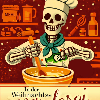 Een ondeugende skelettenkok bereidt in kerstsfeer een mengsel in een grote kom voor. Om hem heen bevinden zich ingrediënten en gereedschappen voor het bakken van koekjes.