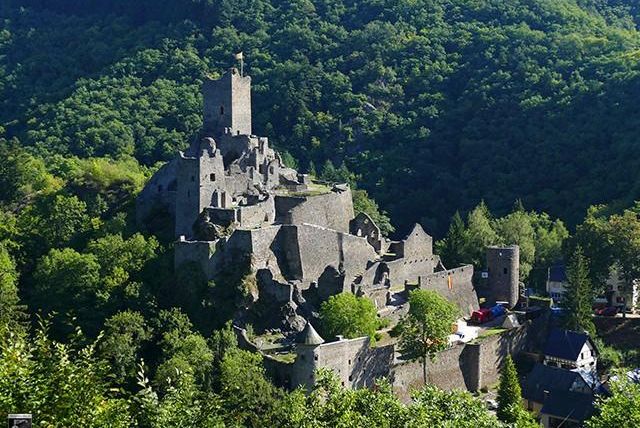 Eine beeindruckende Burgruine auf einem Hügel, umgeben von grünen Bäumen. Die Architektur zeigt alte Steingemäuer und einen hohen Turm.