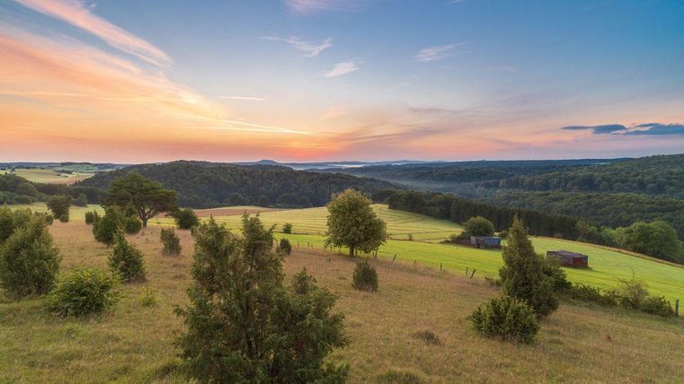 Eine wunderschöne Landschaft mit sanften Hügeln und Wiesen. Der Himmel ist in warmen Farben der Dämmerung gefärbt.