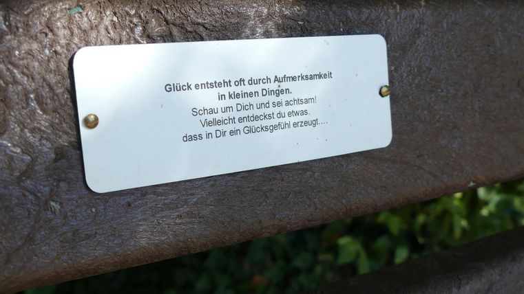 Eine Metalltafel auf einer Bank mit einer inspirierenden Botschaft über Glück. Der Text ermutigt dazu, die kleinen Dinge im Leben zu schätzen.