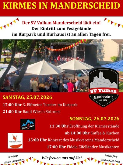 Ein Plakat für die Kirmes in Manderscheid, das Termine und Veranstaltungen anzeigt. Es lädt die Besucher ein, den Kurpark und das Kurhaus zu besuchen.