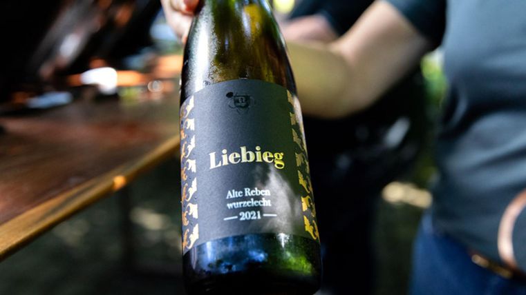 Eine Flasche Wein mit dem Etikett „Liebieg“ wird von einer Person gehalten. Der Hintergrund zeigt eine outdoor Umgebung mit verschwommenen Personen und Möbeln.