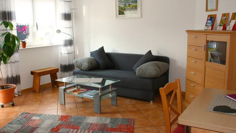 Ein gemütliches Wohnzimmer mit einem grauen Sofa und einem Glastisch. Der Raum ist hell und freundlich, mit einem bunten Teppich und einer Pflanze in der Ecke.
