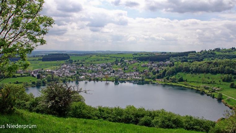 Eine malerische Landschaft mit einem ruhigen See und einem kleinen Dorf im Hintergrund. Die Umgebung ist grün und mit Bäumen gesäumt, unter einem bewölkten Himmel.