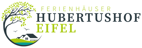 Ein modernes Logo für Ferienhäuser in der Eifel. Es zeigt eine stilisierte Baumgrafik mit einem Haus und einem grünen Landschaftselement.