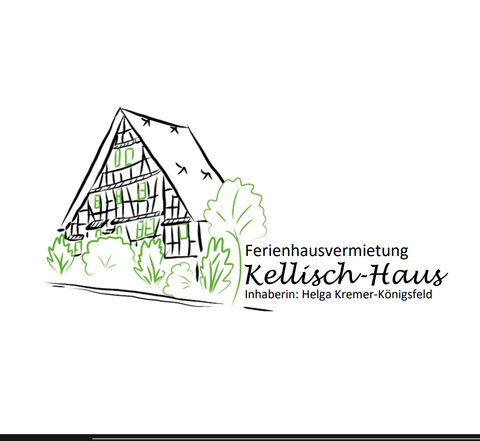 Eine skizzierte Darstellung eines traditionellen Ferienhauses mit einem Satteldach. Das Haus ist umgeben von grünen Pflanzen und der Schriftzug "Kellisch-Haus" ist gut sichtbar.