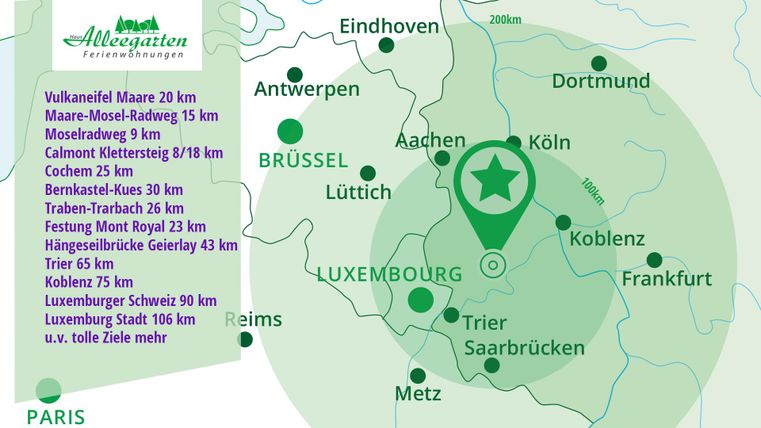 Bad Bertrich liegt zentral und gut erreichbar zwischen Eifel und Mosel. Nur 1 Stunde von Köln/Bonn und 1 Stunde von Frankfurt und Luxemburg