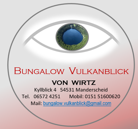 Eine runde Grafik mit dem Text "Bungalow Vulkanblick von Wirtz". Es enthält Kontaktdaten, einschließlich Adresse, Telefonnummer und E-Mail.
