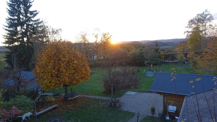 Ein schöner Herbstgarten mit buntem Laub und sanften Hügeln im Hintergrund. Die Sonne geht langsam am Horizont unter.