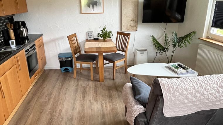 Eine helle und gemütliche Wohnküche mit modernem Design. Der Raum enthält einen Essbereich, eine Küche und eine Sitzecke mit Pflanzen.