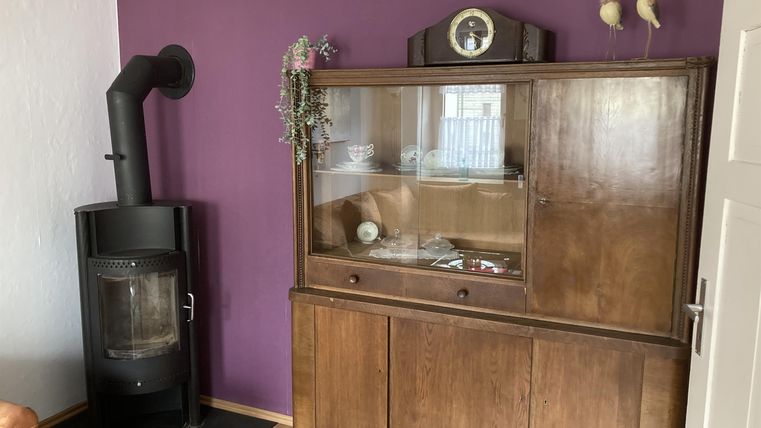 Ein gemütlicher Raum mit einer Holzvitrine und einem modernen Kamin. Die Wand ist in einem kräftigen Lila gestrichen.
