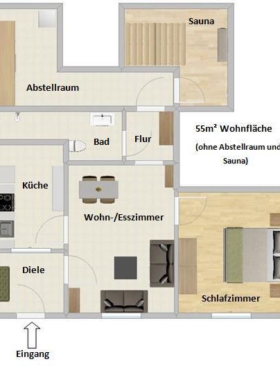 Eine Wohnungsgrundriss mit 55 m² Fläche. Die Räume umfassen ein Schlafzimmer, ein Wohnzimmer mit Essbereich, eine Küche, ein Bad und eine Sauna.