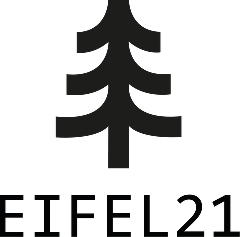Ein schlichtes Logo mit einem Baum in Schwarz und der Aufschrift "Eifel21" darunter. Das Design ist modern und minimalistisch.
