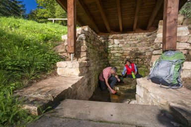 Zwei Personen lehnen sich über eine Wasserquelle, die von Steinmauern umgeben ist. Im Hintergrund sind Bäume und eine Wiese zu sehen.