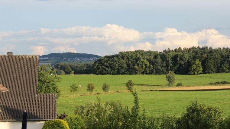 Eine friedliche Landschaft mit grünen Feldern und Bäumen. Im Hintergrund sind sanfte Hügel und bewölkter Himmel zu sehen.