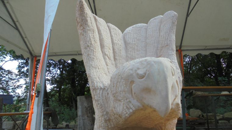 Eine künstlerische Skulptur eines Vogels mit ausgeprägten Flügeln aus Stein. Die Statue steht auf einem Tisch und wird von einem Zeltüberdachung geschützt.