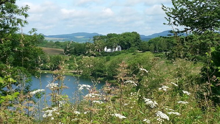 Eine idyllische Landschaft mit einem ruhigen See und üppigem Grün. Im Hintergrund sind sanfte Hügel und ein weißes Haus zwischen den Bäumen sichtbar.