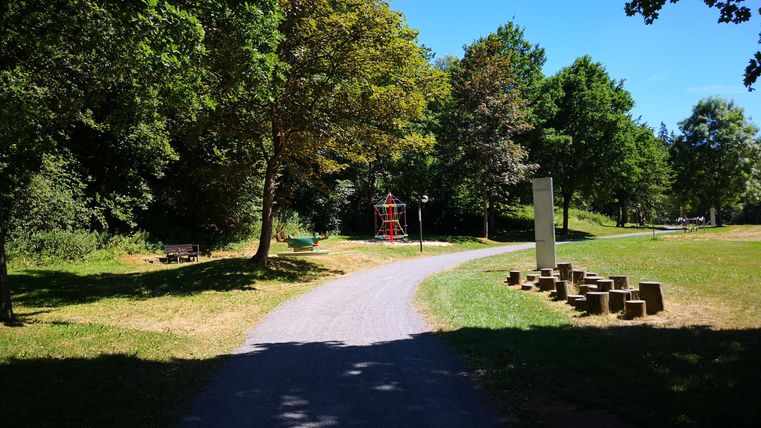 Ein schöner Parkweg, umgeben von Bäumen. Im Hintergrund sind Spielgeräte und eine Wiese zu sehen.