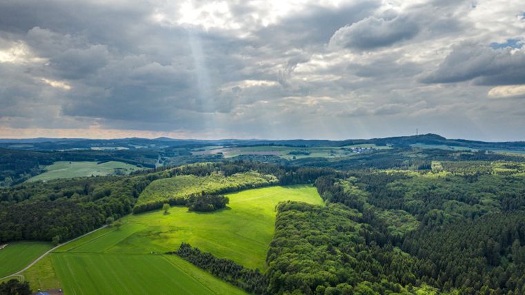Landscape of the volcanic Eifel with forests and fields under a cloudy sky.