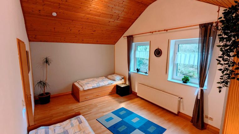 Ein geräumiges Zimmer mit einem Holzfußboden und einer schrägen Decke. Es gibt zwei Betten, große Fenster und eine Pflanze in der Ecke.