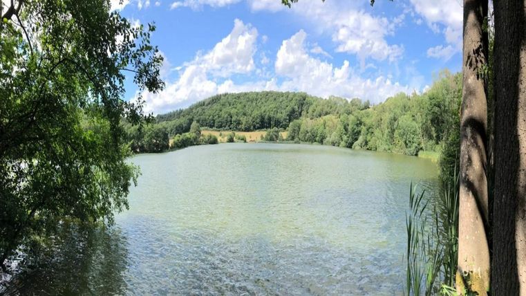 Ein ruhiger See umgeben von üppigem Grün und sanften Hügeln. Der blaue Himmel ist mit weißen Wolken durchzogen.
