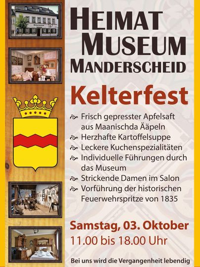 Een kleurrijke affiche voor het wijnpersfeest in het streekmuseum van Manderscheid. Er staan verschillende activiteiten en culinaire lekkernijen op afgebeeld, waaronder appelsap en aardappelsoep.