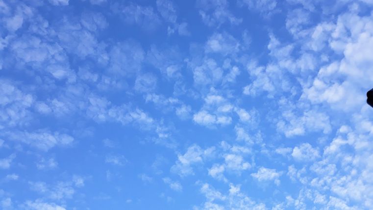 Ein klarer blauer Himmel mit vielen weißen, flauschigen Wolken. Die Szenerie wirkt freundlich und einladend.