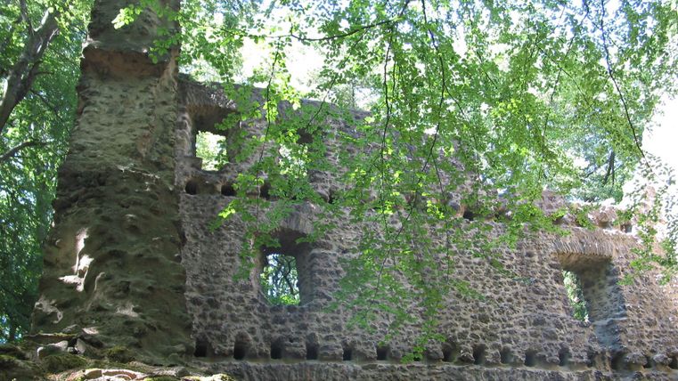 Eine alte Ruine, umgeben von Bäumen und grünem Laub. Die Mauern sind teilweise einsturzgefährdet und zeigen die Spuren der Zeit.