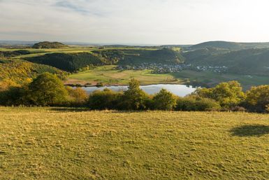 Eine malerische Landschaft mit sanften Hügeln und einem ruhigen See. Grüne Wiesen und Bäume umgeben die Szenerie.