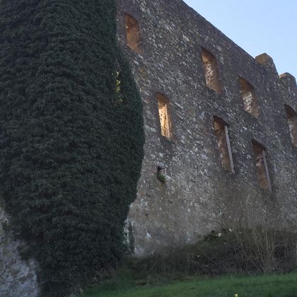 Eine alte, bewachsene Ruine mit leuchtenden Fenstern. Der grüne Efeu umschlingt die steinerne Wand.