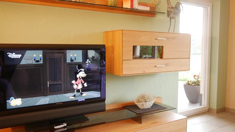 Ein modernes Wohnzimmer mit einem Fernseher, der eine Zeichentrickserie zeigt. Im Hintergrund sind elegante Möbel und ein Fenster mit Pflanzen zu sehen.