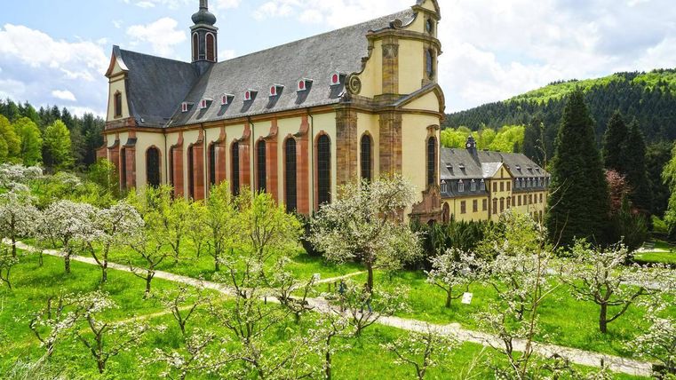 Eine beeindruckende Kirche umgeben von blühenden Obstbäumen und üppigem Grün. Im Hintergrund sind sanfte Hügel und ein klarer Himmel zu sehen.