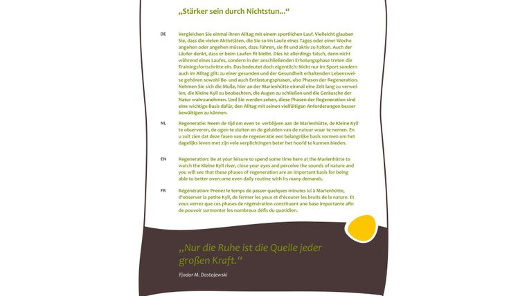 Ein Informationsblatt über Regeneration in der Marlenhütte. Es enthält Zitate und Hinweise zur Ruhe und Erholung.