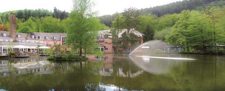 Ein malerischer See mit grünen Bäumen und einem modernen Gebäude im Hintergrund. Ein Wasserspiel sprüht sanft in der Mitte des Sees.